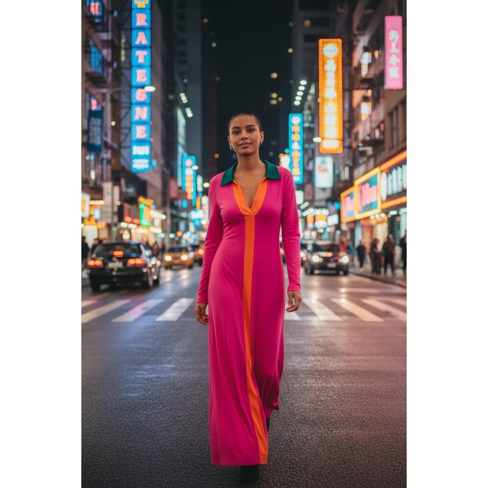 Pink Orange Teal Colorblock Ribbed Knit Maxi Dress Long Sleeve V-Neck Medium
